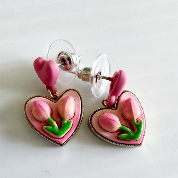 Pink Heart Tulip Earrings Gold Tone Pierced Ears Dangle - Picture 2 of 5